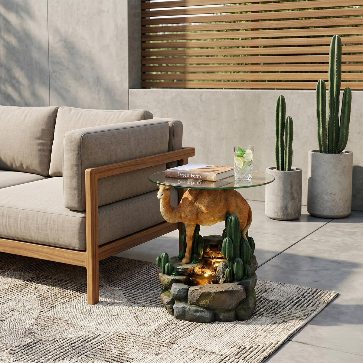 Camel & Cacti 4-Tier Waterfall Outdoor Indoor Side Table 22.8" H Glass Top Fountain with LED Lights Resin Desert Decor End Table for Garden Patio Living Room Balcony