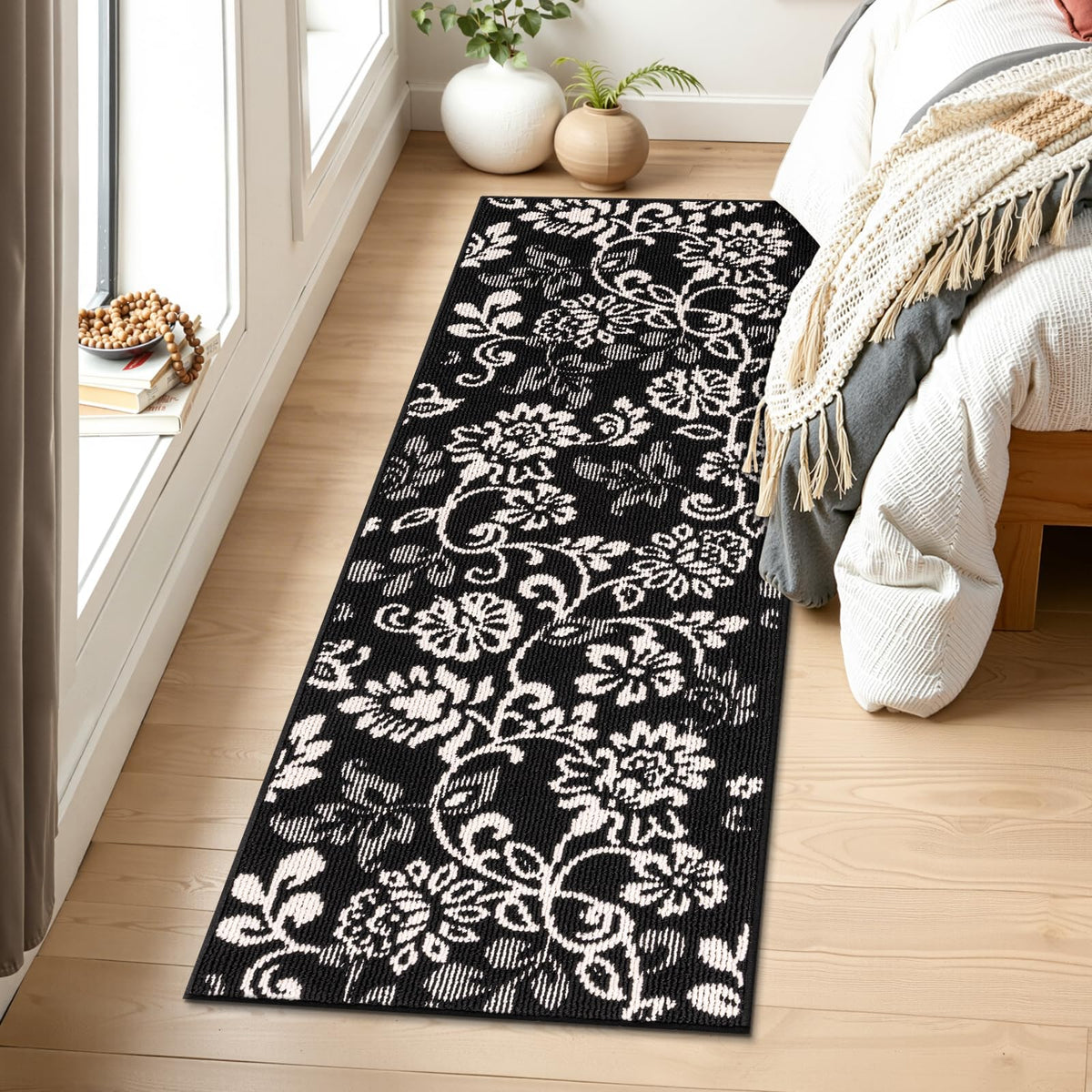 LOKHOM Boho Kitchen Rugs Sets of 3-Non Slip Stain Resistant Kitchen Mats for Floor, Paisley Floral Runner Carpet for Hallways Entryway Laundry Washable (Black & White 20"x32"+20"x48"+20"x59")