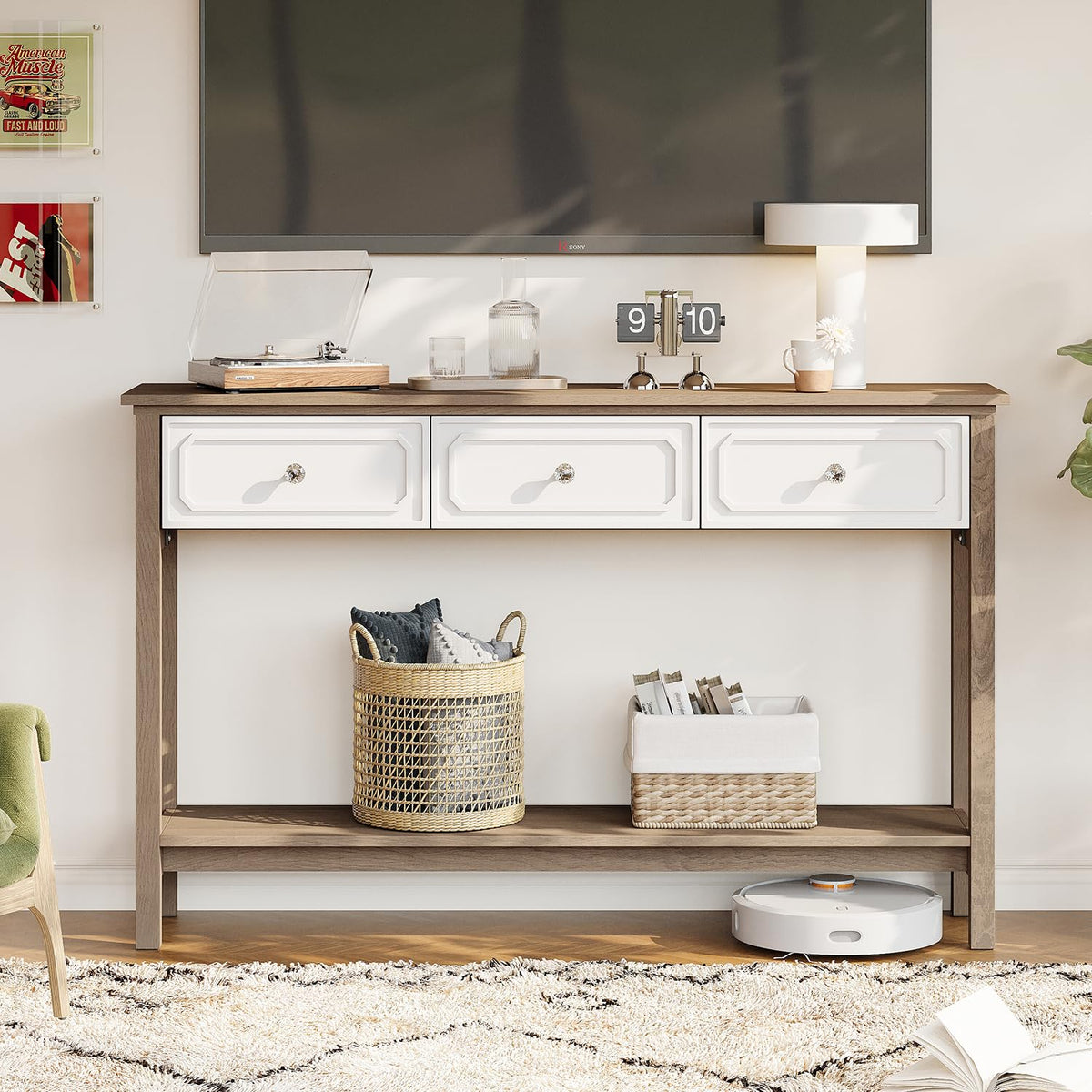 LAZZO Entryway Table with Storage Console Table with 3 Drawers and Open Shelf Behind the Couch Sofa Tables Narrow Long for Entry, Hallway, Foyer, Living Room Brown and White