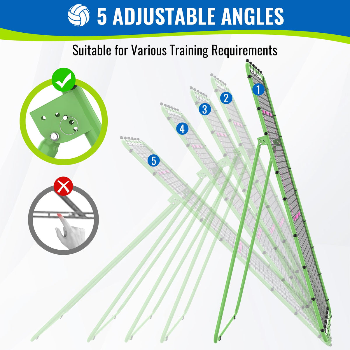 Oswerpon Volleyball Rebounder Net 7x4 FT, 5-Angle Adjustable Bounce Back Net, Steel Frame & PE Training Net for Volleying/Spiking, Rust-Resistant & Durable – w/Travel Bag, 2 NETS (Green & Pink)