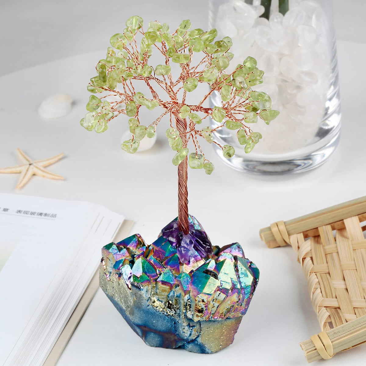 mookaitedecor Peridot Crystal Tree on Rainbow Titanium Crystal Cluster Stone Base Money Tree of Life for Good Luck Table Decoration 4.5-5.7 Inches