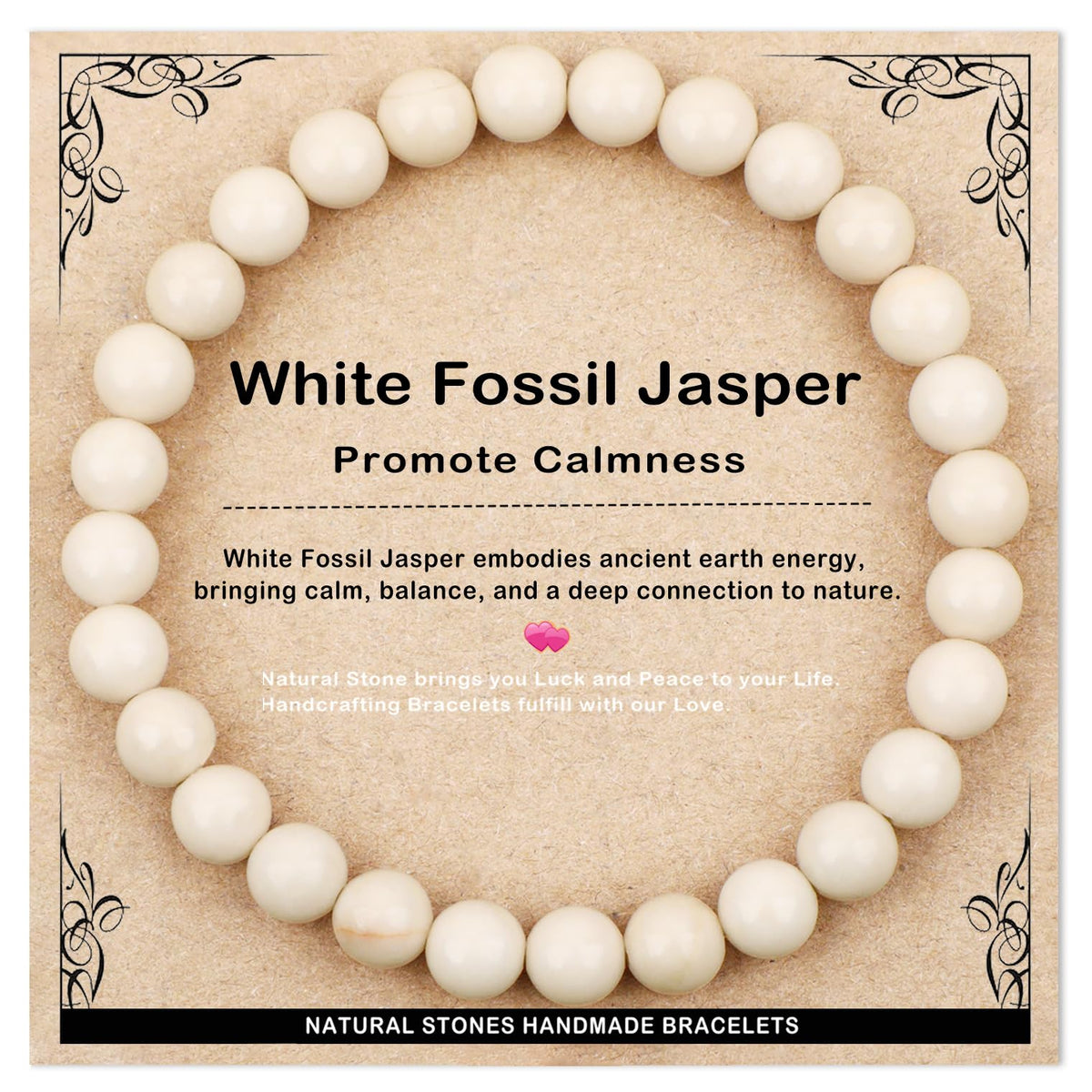 AD Beads 6mm Handmade White Fossil Jasper Elastic Bracelet – Natural Gemstone for Promote calmness – Meditation, Yoga, Healing and Energy Gift for Men Women