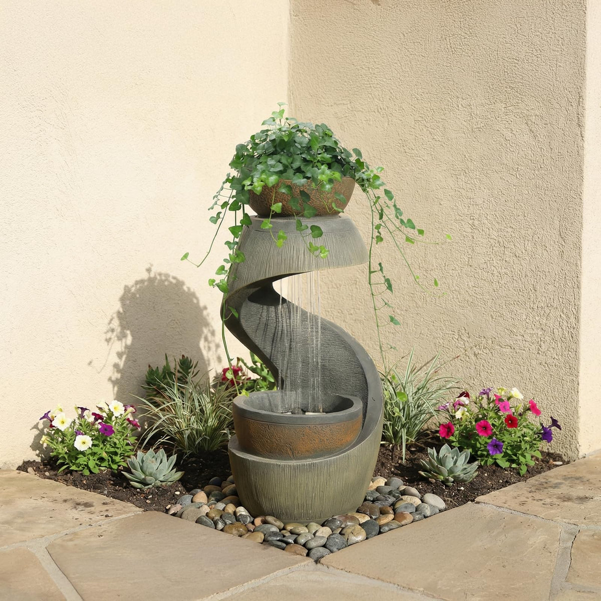 Takamota Outdoor Water Feature Patio Fountain with LED Lights, 31.9" Resin Garden Waterfall Fountain Outdoor, Modern S-Shaped Bowl Design Water Feature for Porch, Garden, Yard, Home Decor, Grey