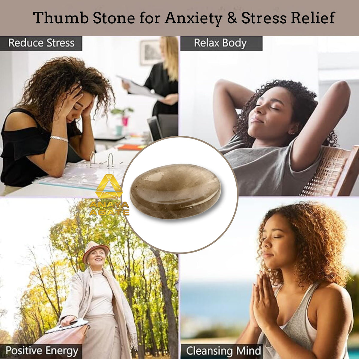 Anaya Agate Smoky Quartz Worry Stones Certified Crystal Thumb Worry Stone for Anguish, Relaxing and Soothing Balance Stones for Meditation, Stress Relief Crystals and Healing Stones for Men, Women