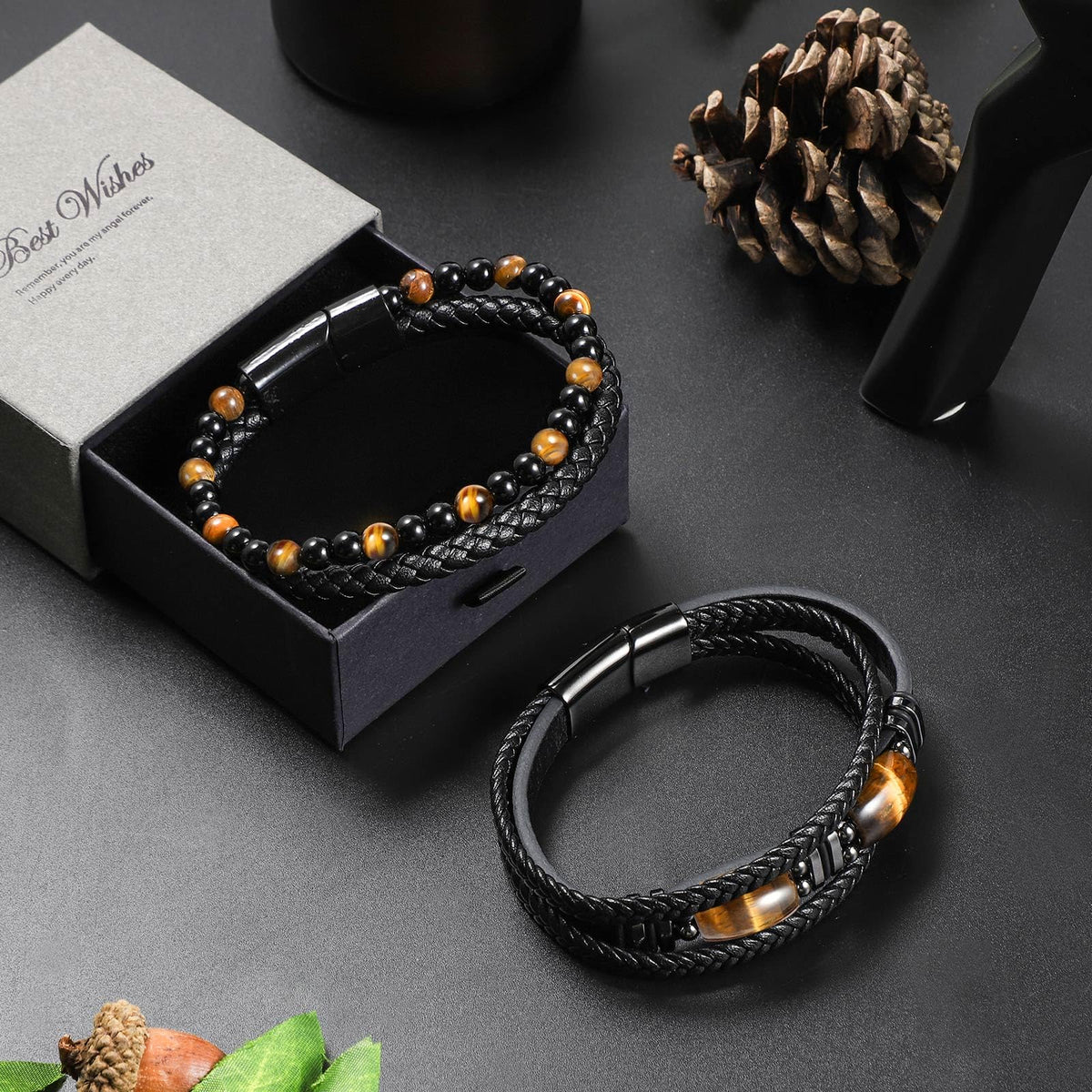 Enjoy Risingsun Tiger Eye Black Leather Bracelet Men Natural Tiger Eye Obsidian Gemstone Crystal Stone Jewelry Handmade Courage And Stress Relief Protection Bracelet