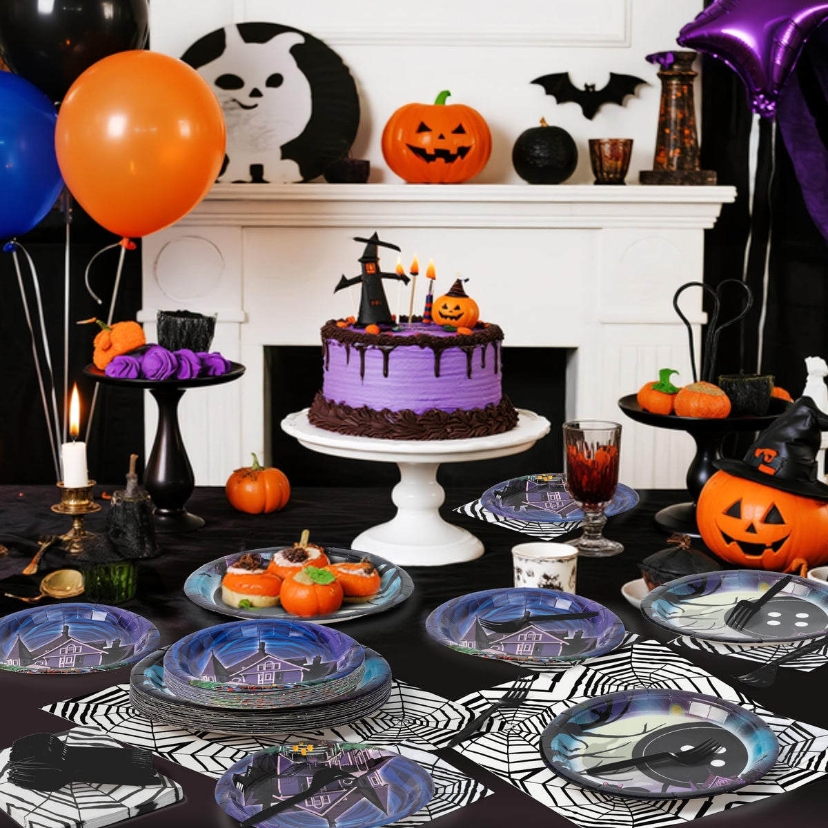 BOpusail 96P Starry Night Ghost House Party Tableware Set, Party Supplies for Kids Birthday School Spooky Night Theme Serves 24 Guests, Disposable Dinnerware Paper Dessert Dinner Plates Napkins Forks