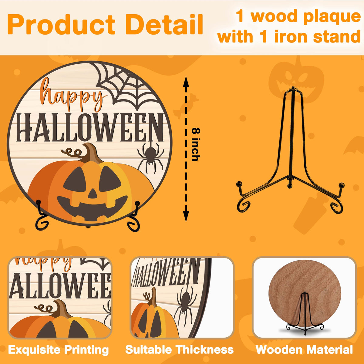 Seclate Halloween Desk Decorations for Home, Wooden Table Centerpieces 8x8 Inches with Iron Stand for Office Living Room Shelf Decor, Pumpkin Ghost Witch Design Gifts for Women Friends - E06