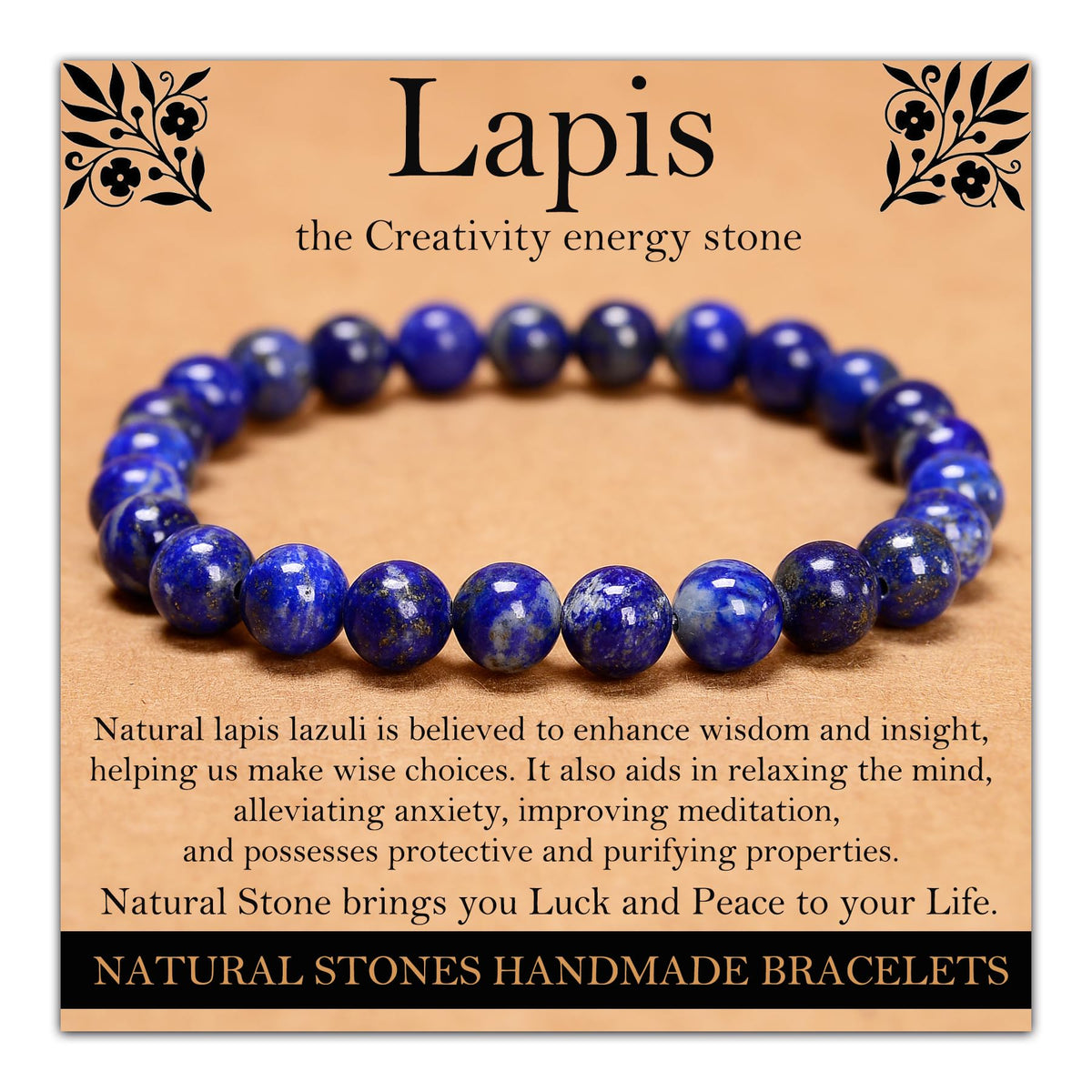 Handmade Natural Gemstone Elastic Bracelet - Healing Crystal Beads Jewelry, Unisex (Lapis Lazuli, 8mm)