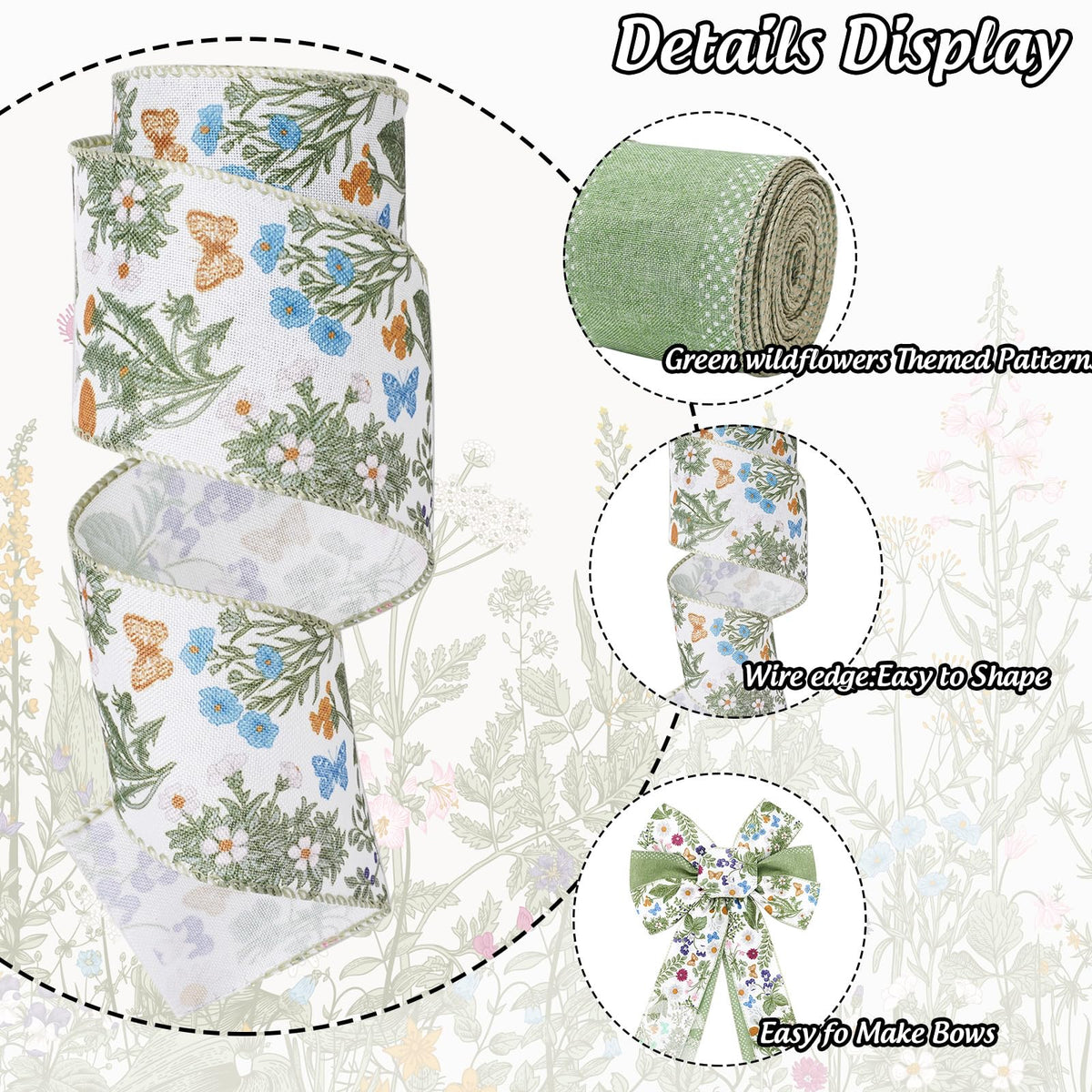 JarThenaAMCS Green Wildflowers Wired Edge Ribbon Retro Wild Floral Craft Ribbon Summer Fabric Ribbon for Spring Wreath Bow Making DIY Wrapping Party Decor Supplies, 2 Rolls, 20 Yard