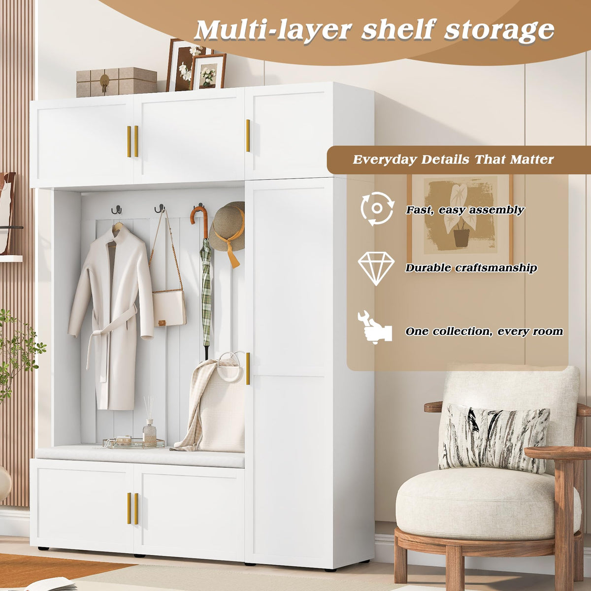Merax 4-in-1 Hall Tree with Padded Bench, Coat Hooks, and Multi-Tier Storage Shelves – American Style Entryway Organizer for Shoes, Bags, Hats, and Daily Essentials, White
