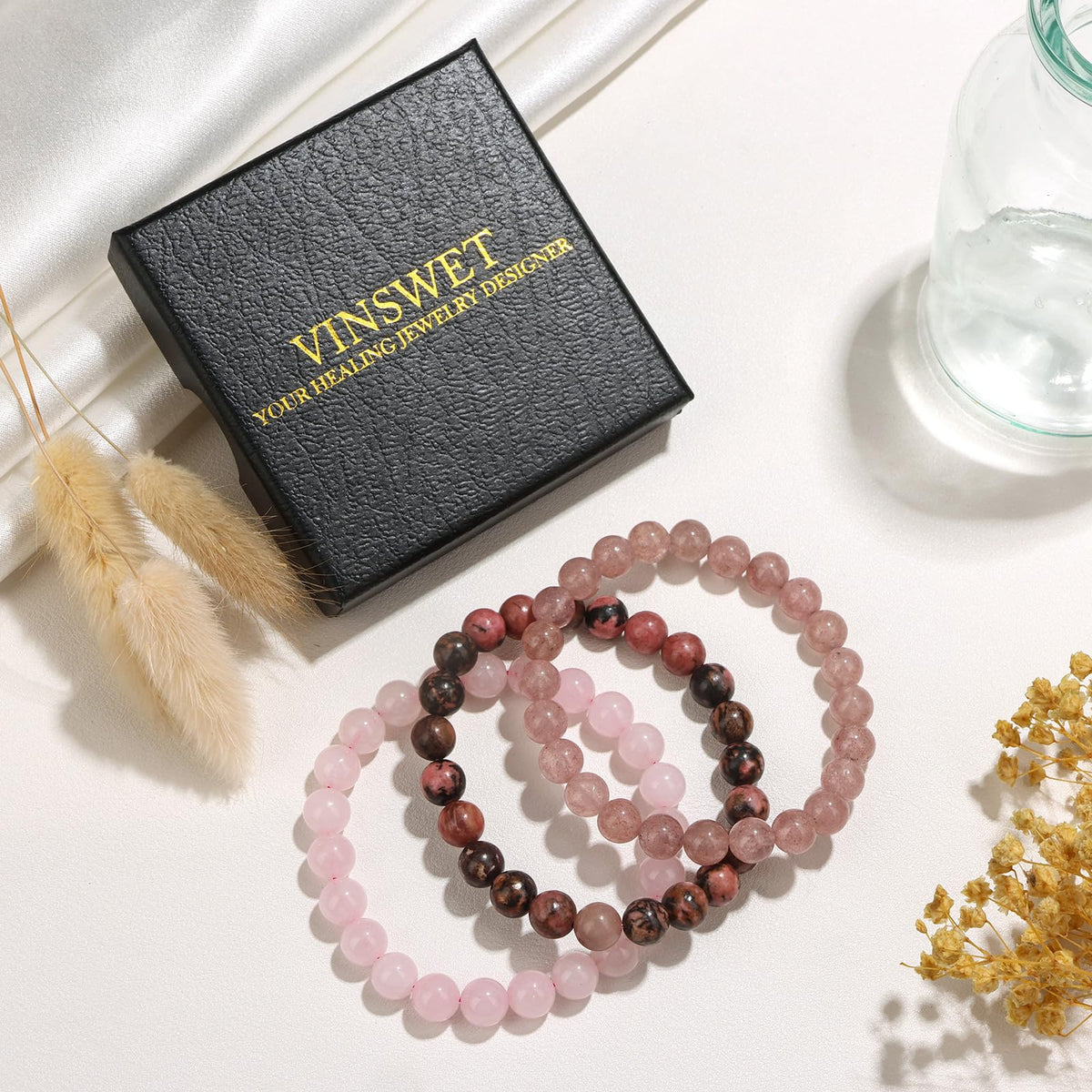 Vinswet Healing Crystal Bracelets for Women Men 8mm Rose Quartz Strawberry Rhodonite Natural Stone Beaded Stretch Bracelet Triple Protection Handmade Gemstone Reiki Spiritual Jewelry Gifts