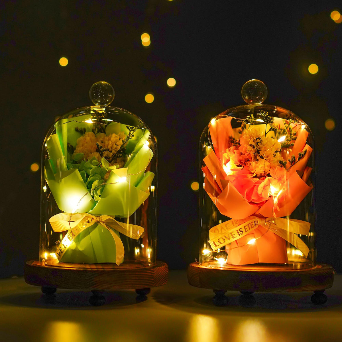 2 Pack Decorative Glass Cloche Bell Jars with Wooden Bases, 6.4" Tall Tabletop Accent Covers for Seasonal Centerpieces, Fairy Lights and Home Decor