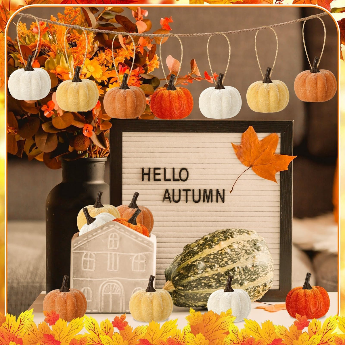 DTOFOOT 16 Pcs Fall Thanksgiving Pumpkin Hanging Ornaments, Autumn Velvet Fabric Wrapped Pumpkin Pendant for Farmhouse Harvest Halloween and Home Party Decor