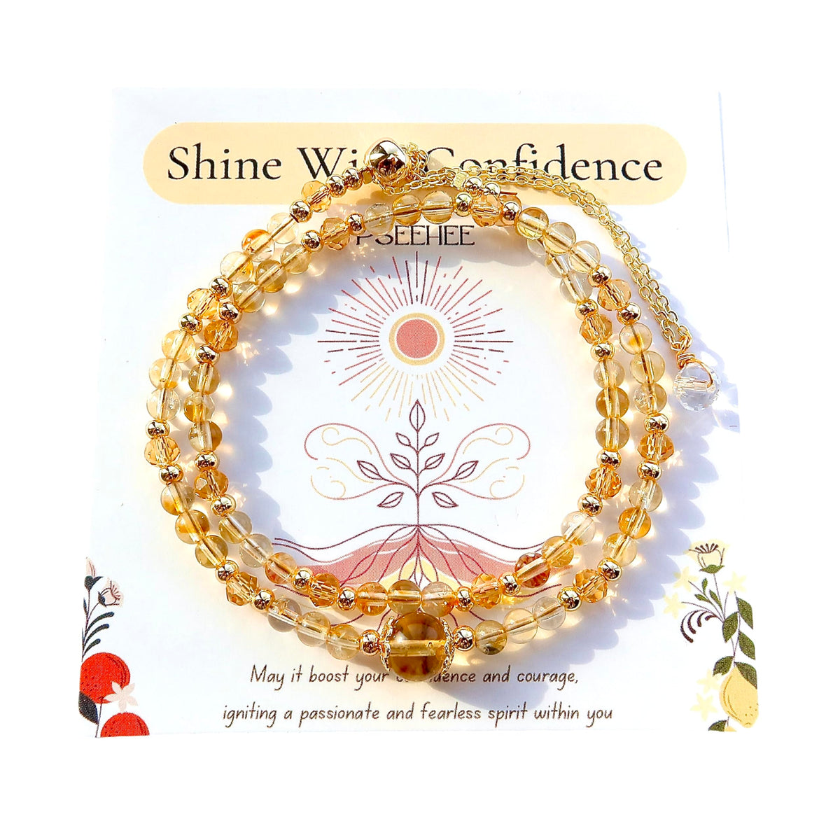 PSEEHEE Handmade Genuine Citrine Crystal Beads Double Layered 14k Gold Filled Wire Bracelet, Birthstone Chakra Healing Gemstone Crystal Adjustable Bangle Cuff Jewelry Gift for Women