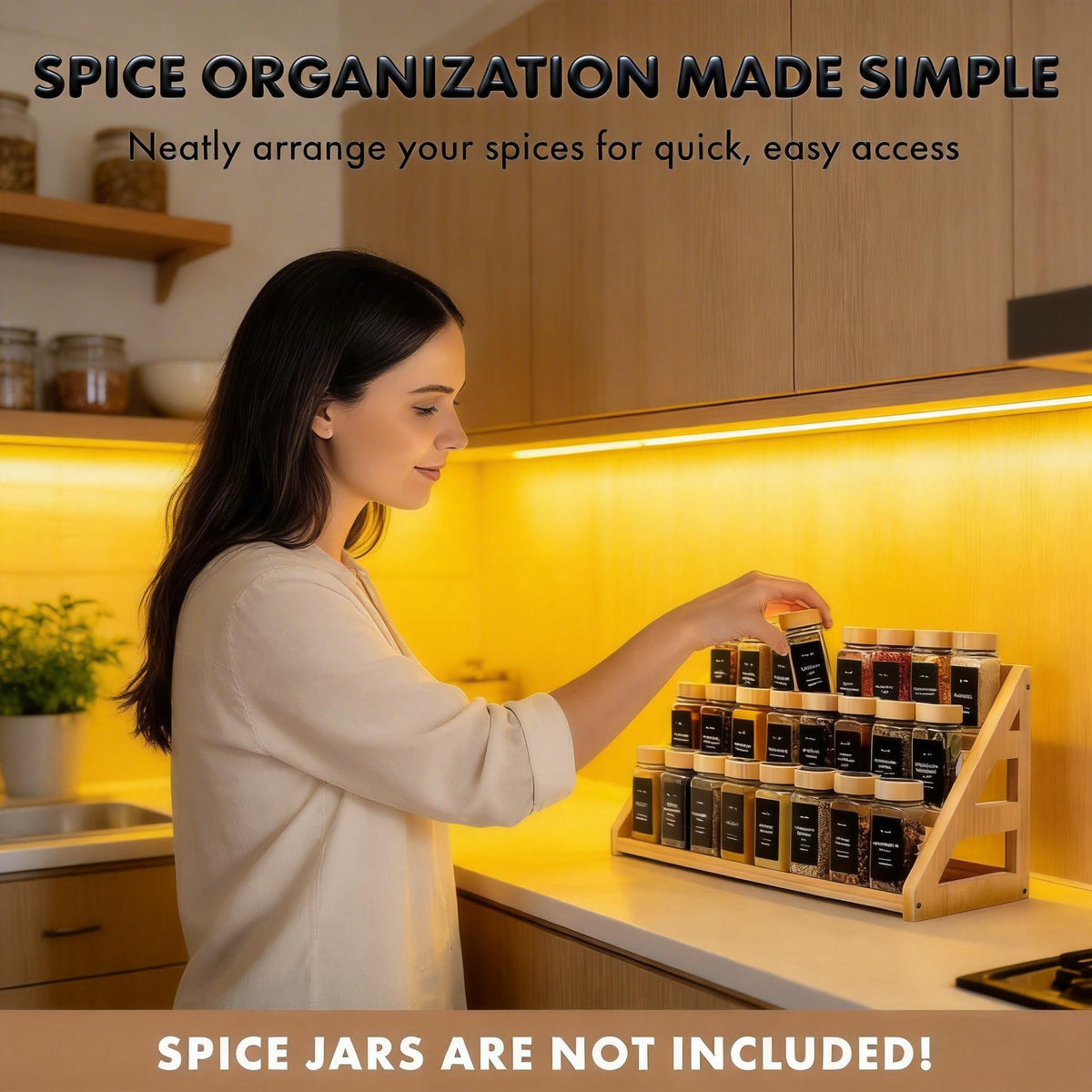 MNADSFKJ Spice Rack, Spice Organizer -3 Tier Bamboo Spice Racks, Solution for Spice Storage in Kitchens, Countertops，Storage Rooms and Other Places