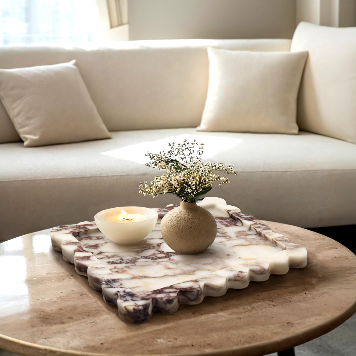 YMXYJM Genuine Calacatta Viola Scalloped Marble Tray, Real Natural Marble Stone Tray, Luxury Decorative Trays for Bathroom, Dresser, Vanity, Kitchen, Home Decor, 10.6" x 8", Calacatta Viola Purple