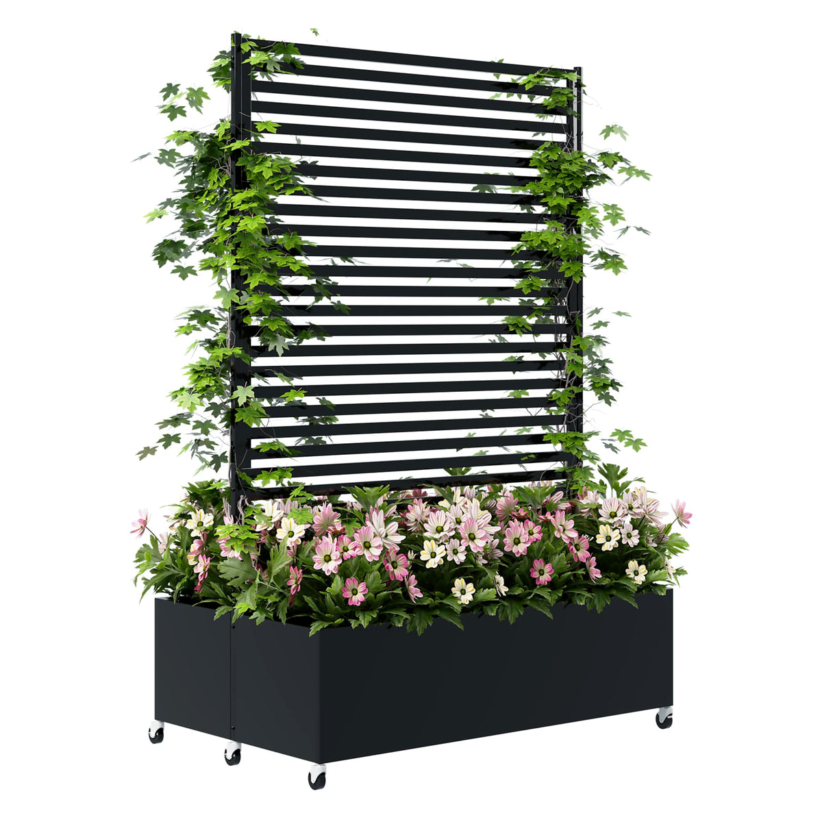 Sunnibety Double Metal Planter Box with Trellis Privacy Screen, Raised Garden Bed with Trellis & Wheels, Planter Box Outdoor with Drainage Holes for Climbing Plants, Vines,73"x 47"x 30", Black
