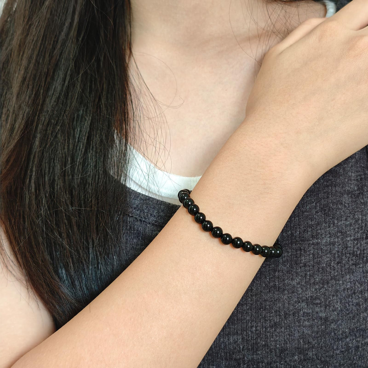 CHCCOYE 6mm Natural Healing Gemstone Bracelet Handmade Yoga Stretch Elastic Bracelet Stress Relief Crystal Jewelry for Men and Women (6mm, Black Onyx)