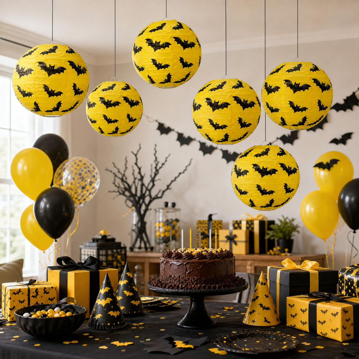 Glooglitter 12 Pcs Bat Paper Lanterns Hanging Decorations Yellow & Black Bat Theme Party Supplies for Birthday Baby Shower Halloween Party Ceiling Decor, 8 Inch