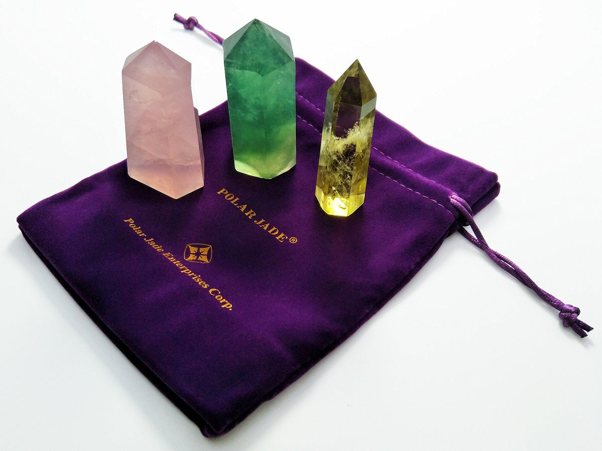 Set of 3 Natural Crystal Wands – Rose Quartz, Citrine (Yellow Quartz) & Fluorite, Faceted & Pointed Energy Wands for Reiki, Chakra Meditation, Crystal Healing, Crystal Decor & Home Décor