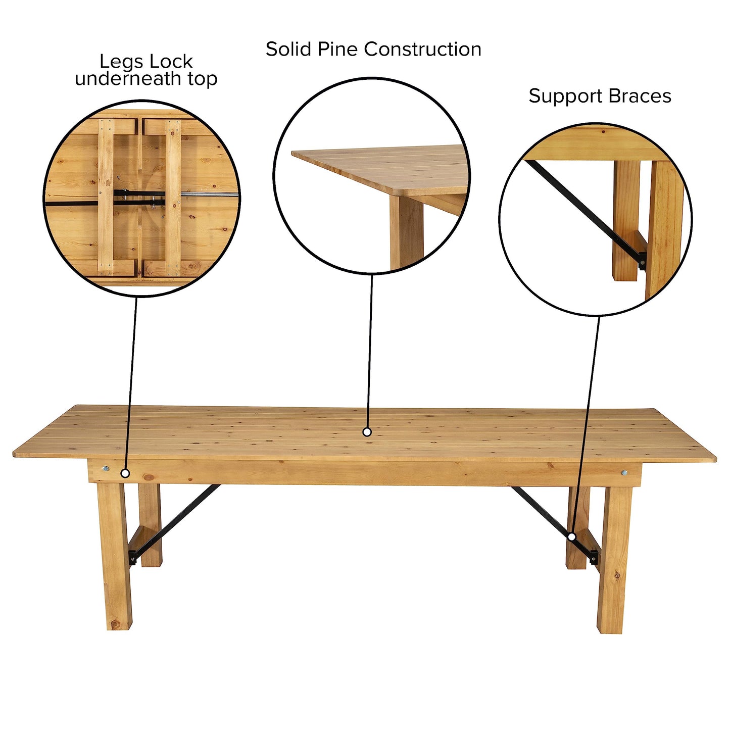 Taylor & Logan Ingles 9' x 40" Rectangular Antique Rustic Light Natural Solid Pine Folding Farm Table
