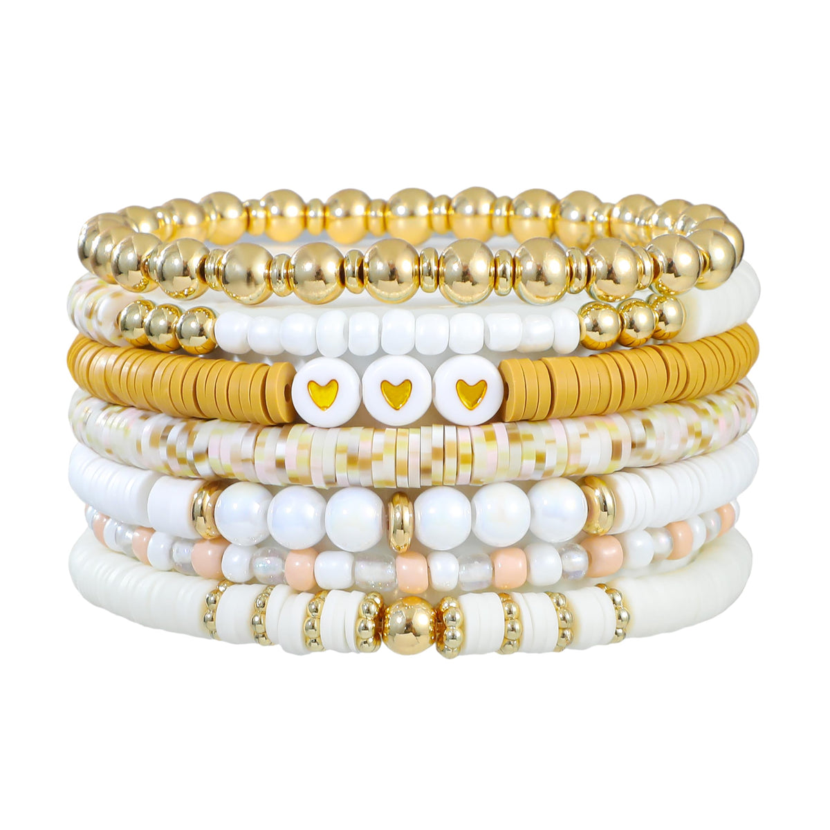 RISHEGAE Heishi Beaded Stretch Bracelets for Women Stackable Gold Polymer Clay Beads Bracelets Friendship Boho Summer Beach Bracelet Jewelry Set (F-H brown1)