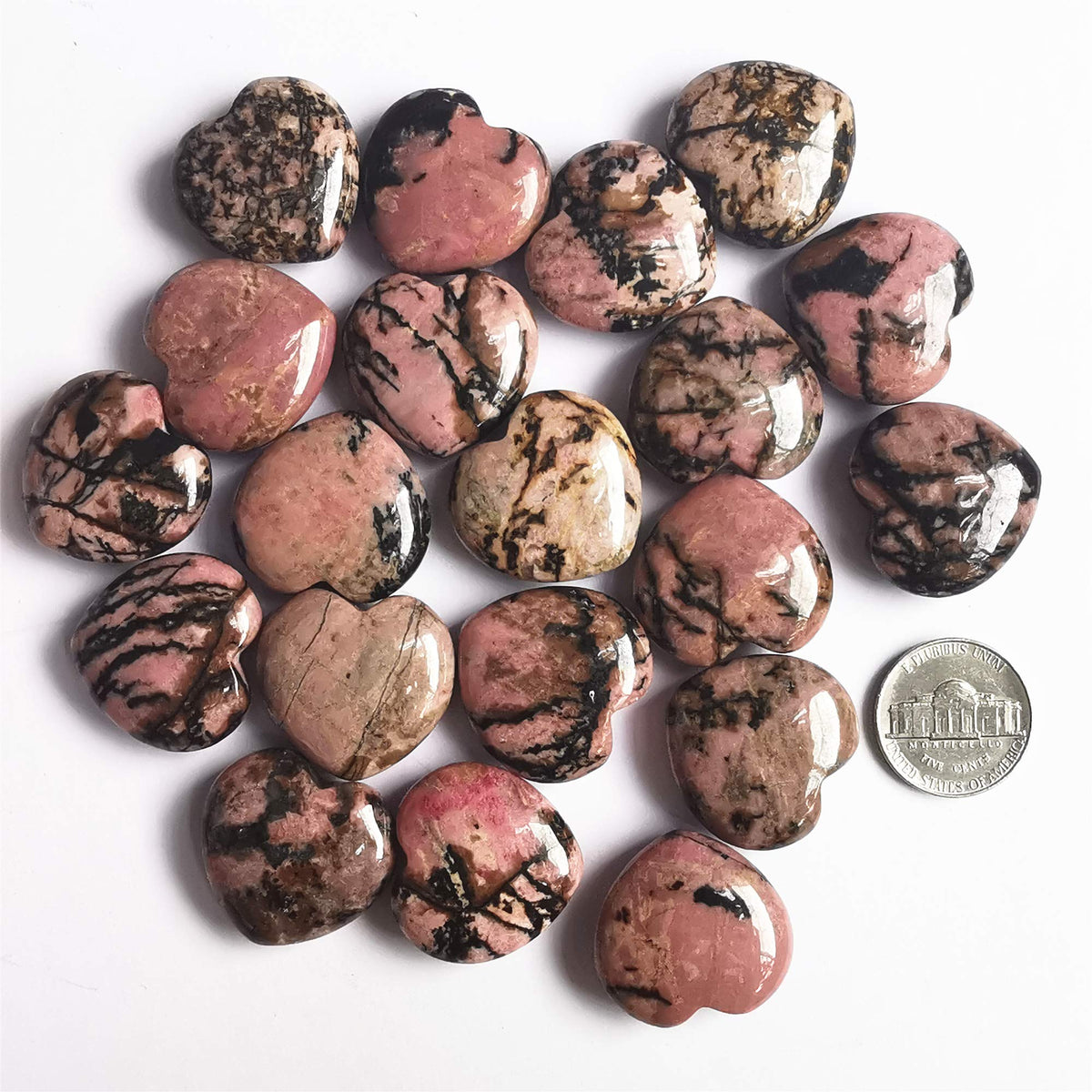 Bacatgem 3 Pcs Natural Rhodonite Pocket Palm Thumb Healing Crystal Heart Love Worry Stones,1 inches Reiki Balancing Crystal and Healing Stones