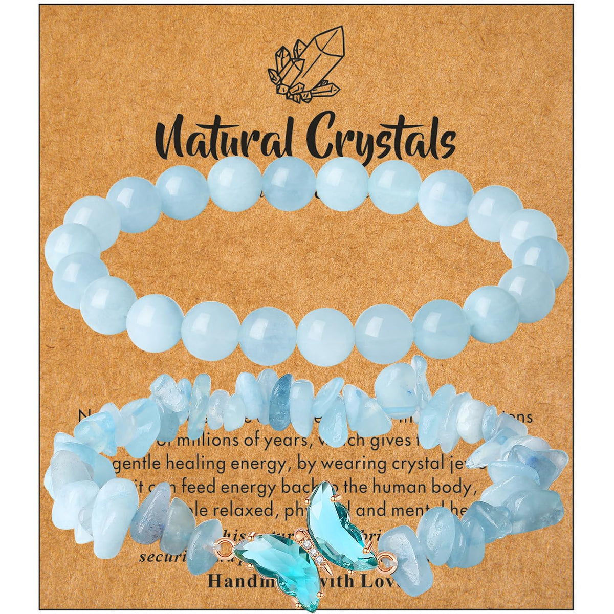 DUQGUHO 2PCS Aquamarine Bracelets Blue Bracelet for Women Natural Aquamarine Crystals Jewelry 8mm Butterfly Bracelet Gifts for Women