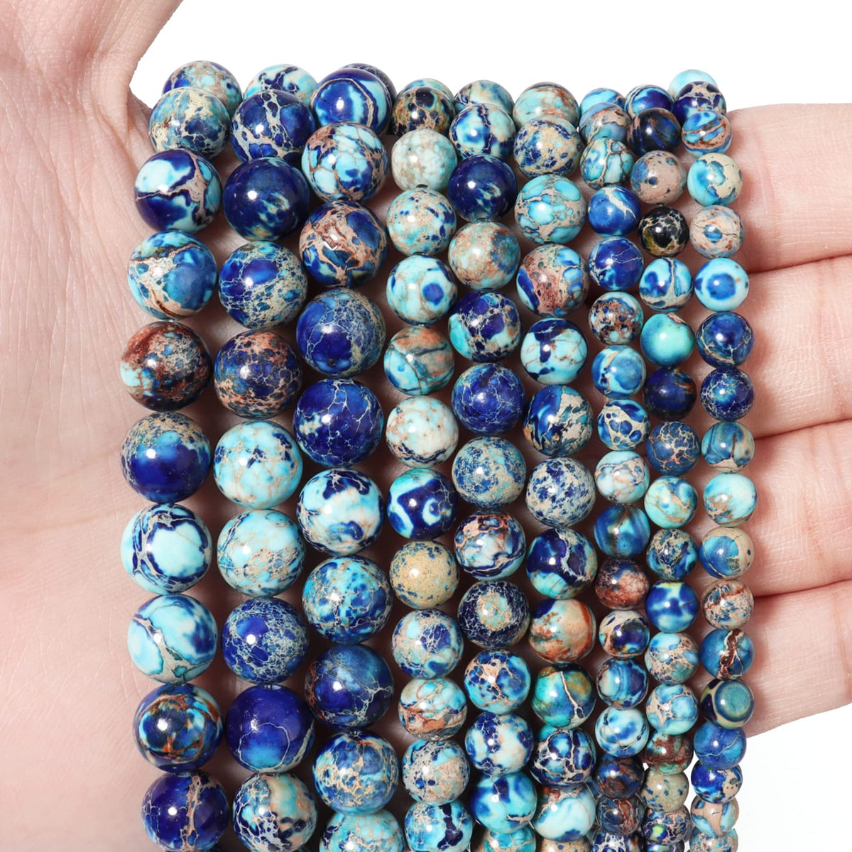 35pcs 10mm Natural Mixed Blue Imperial Jasper Gemstone Beads Energy Healing Crystal Round Loose Stone Beads for Jewelry Making, DIY Bracelets Necklaces