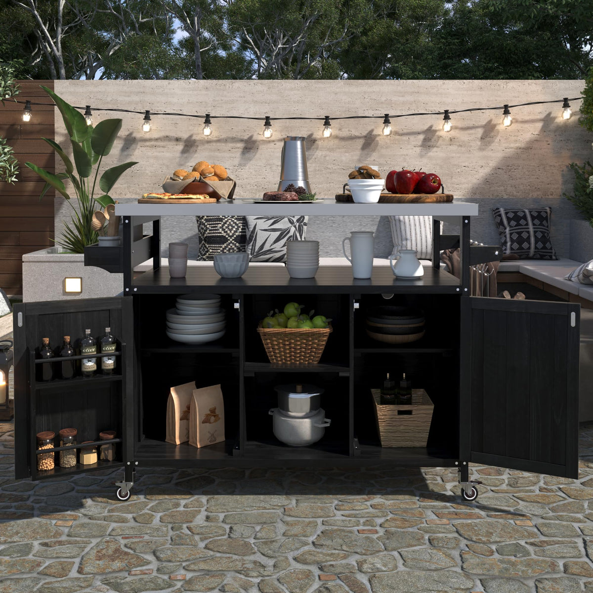Ball & Cast Outdoor Kitchen Island,Rolling Bar Cart & Storage Cabinet,Farmhouse Solid Wood Outdoor Grill Table with Stainless Steel Top,Spice and Towel Rack,for Kitchen,Barbecue,Black,50.25"