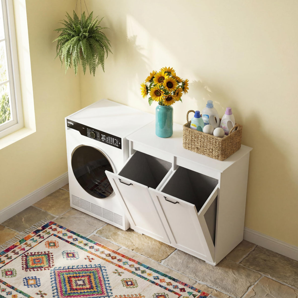 White Laundry Cabinet with 2 Removable Liner Bags, Particle Board and MDF, 31.5 x 15.75 x 30.31 Inches, Dual Compartment Hamper Sorter