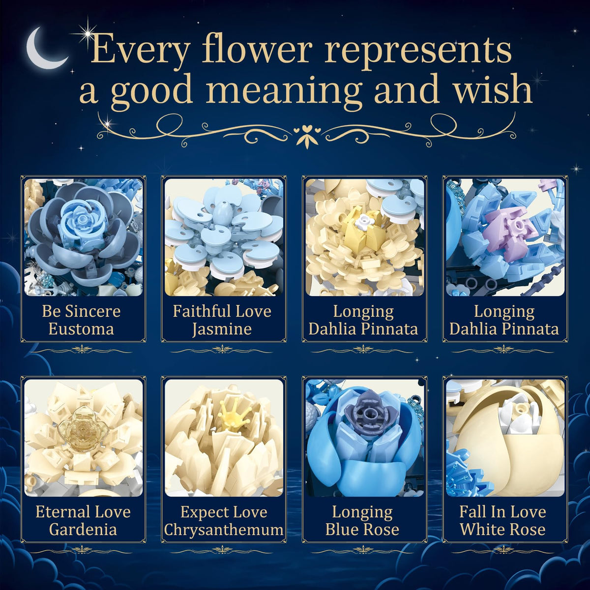 Sahteg 934PCS Blue Moon Flower Building Blocks Kit for Adults, Crescent Moon Botanical Art Display, Artificial Flowers Building Set for Home Décor Wall Art Decoration