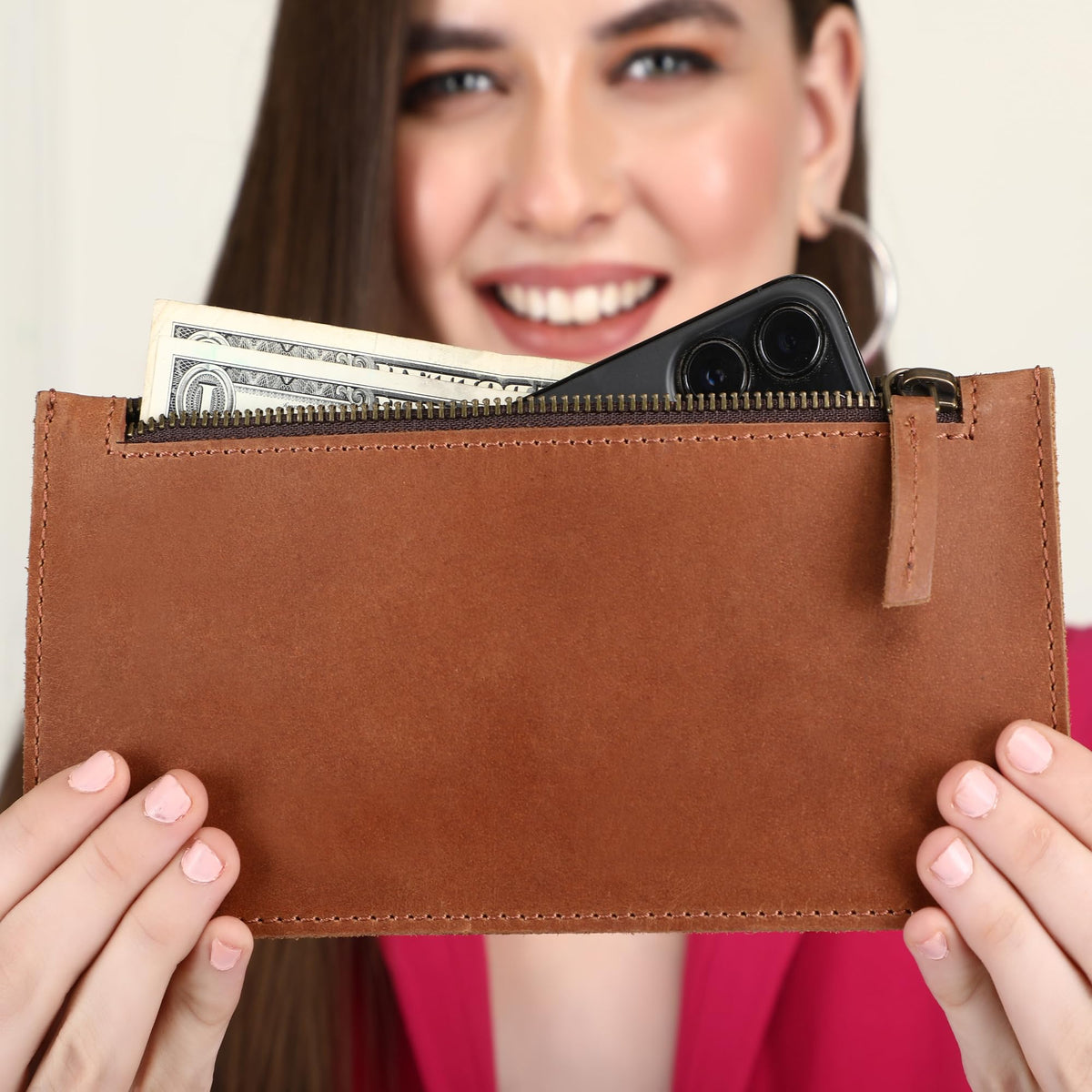 CestAntiQ Tan Leather Multipurpose Zippered Handbag, Currency Pouch, Pen Pencil Holder, Phone Wallet, Card Makeup Bills Organizer & Everyday Accessories, Compact Functional Wallet