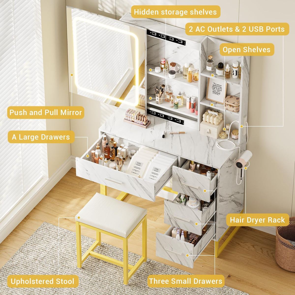57'' Large Vanity Desk with Mirror & Lights, Makeup Vanity Table with Charging Station, 3 Lighting Modes, Elegant Vanity Set with 4 Drawers and Shelves, Cushioned Stool,Marble White