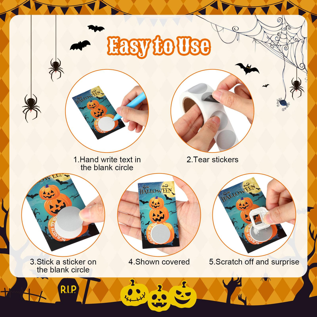 WinnerWhy 200 Pcs Halloween Scratch Off Cards 10 Styles Holiday DIY Scratch Blank Gift Certificates with 300 Stickers Halloween Cards for Adults Groups Party Favor Prizes Business