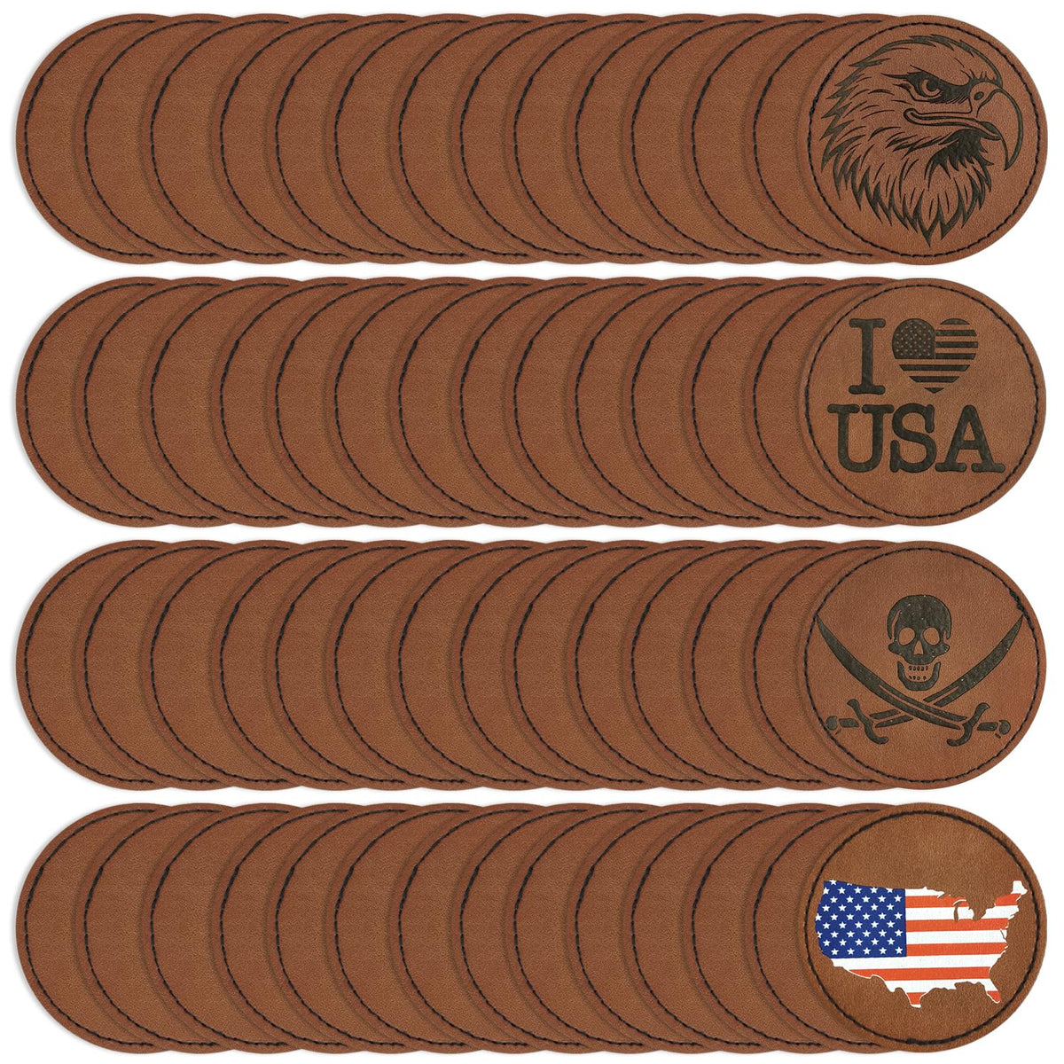 J.CARP 64Pcs Blank Leatherette Hat Patches with Adhesive, Iron on Leather Patches for Hats, Laser Engraving Heat Press Leather Patch for Fabric Clothes Repair Repair Brown Round
