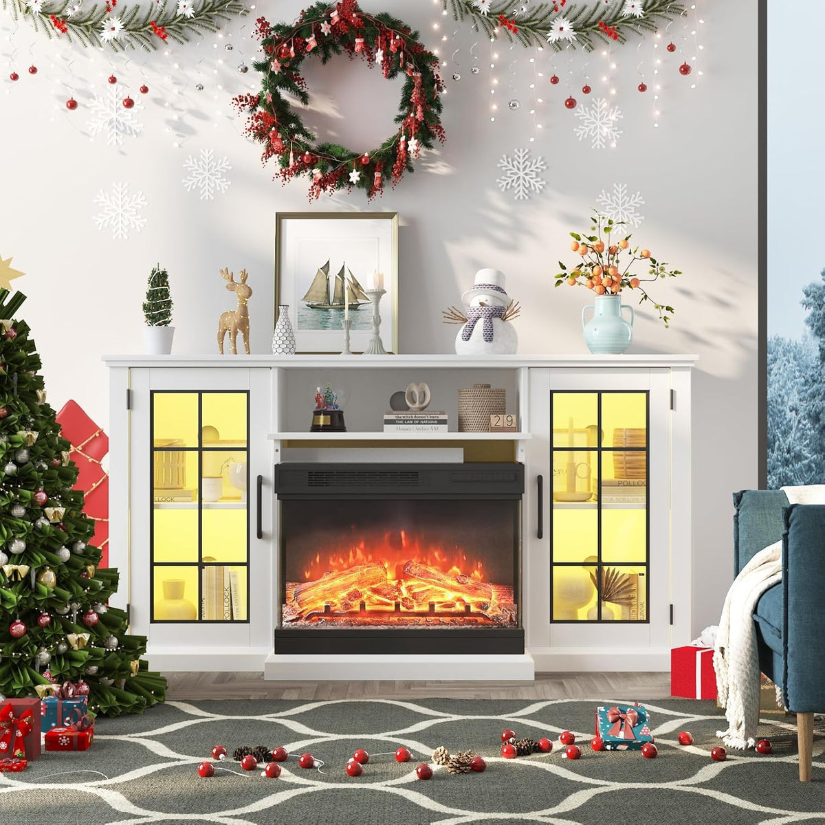 GAOMON 75" TV Stand & 40" 3 Sided Glass Electric Fireplace, 12 Colors LED Lights Flame, 750W/1500W for Max 85" TVs, 2 Tier Storage 2 Door Glass Cabinet