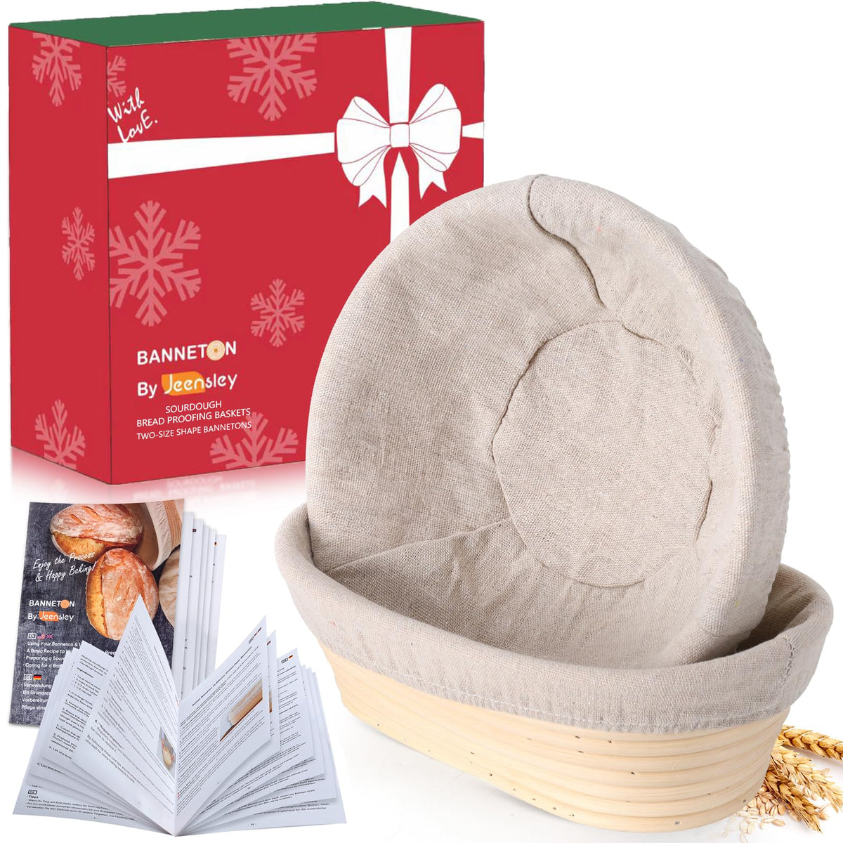 Jeensley Banneton Bread Proofing Basket with Brochure Set of 2, Sourdough Baking Supplies for Rising, Round & Oval Proving Baskets with Liners, Handmade from Quality Natural Indonesian Rattan