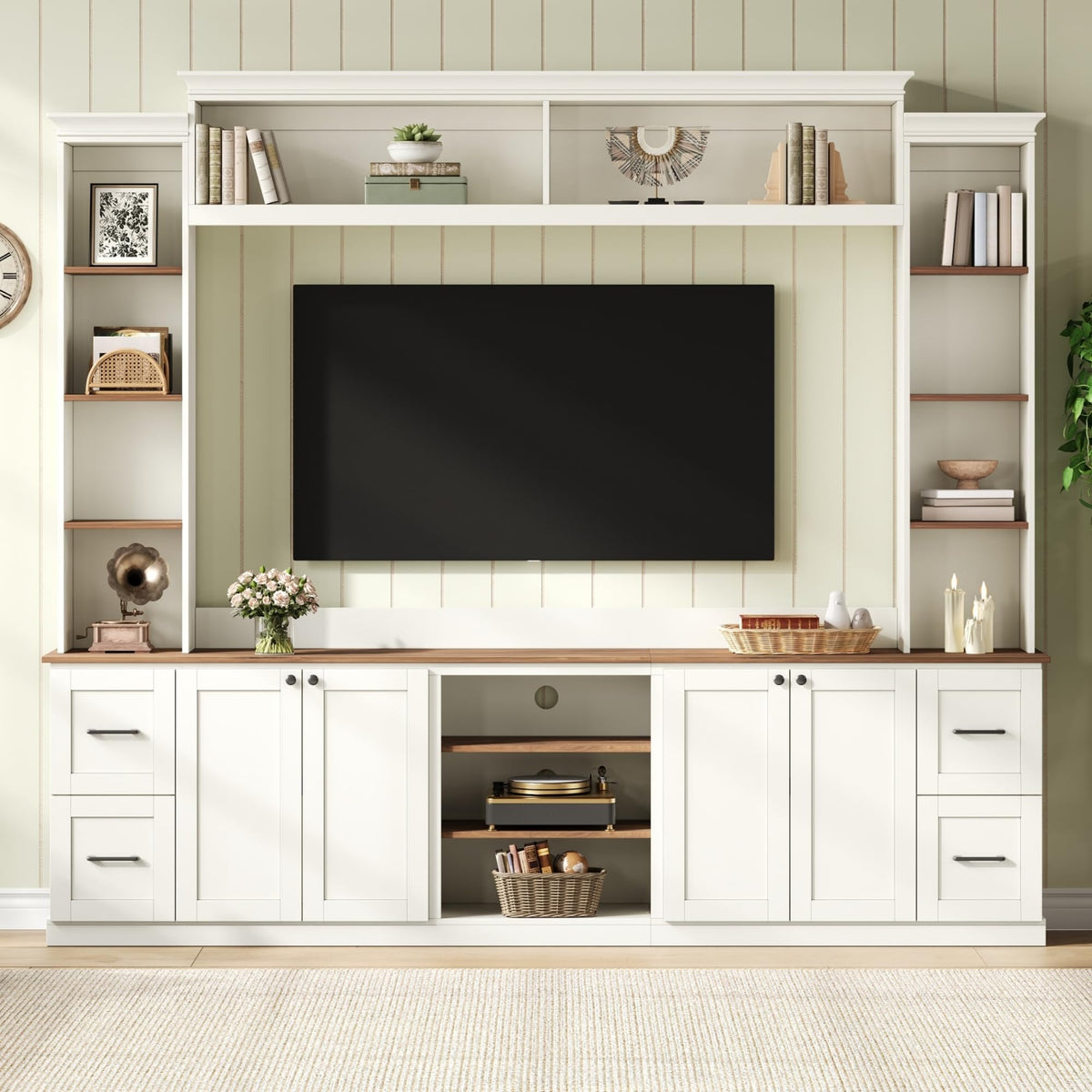 Ball & Cast 94.8" Entertainment Center Wall Unit with Bookshelf for TVs Up to 70",Farmhouse Large TV Stand with Walnut Adjustable Shelves,Retro Media Console with 4 Drawers for Living Room,White