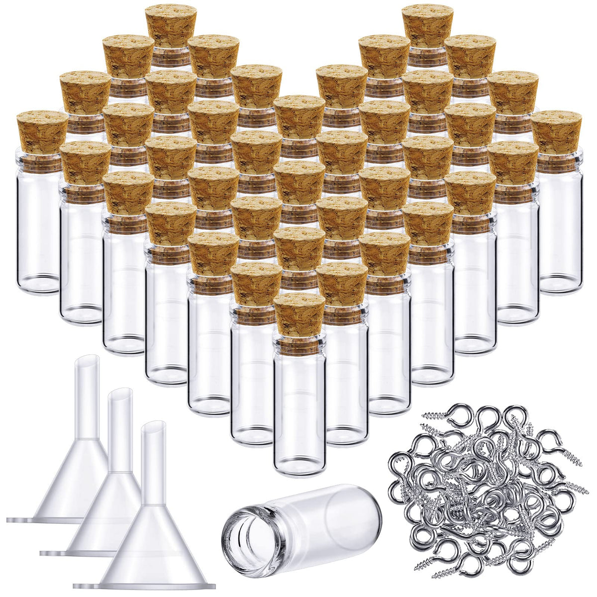 Yungyan 50 Pieces Small Mini Glass Bottles Jars with Cork Stoppers Set, Tiny Cork Glass Bottles with Eye Screws and Small Funnel for Decoration, Art Crafts, DIY Projects, Party Favors(5ml)