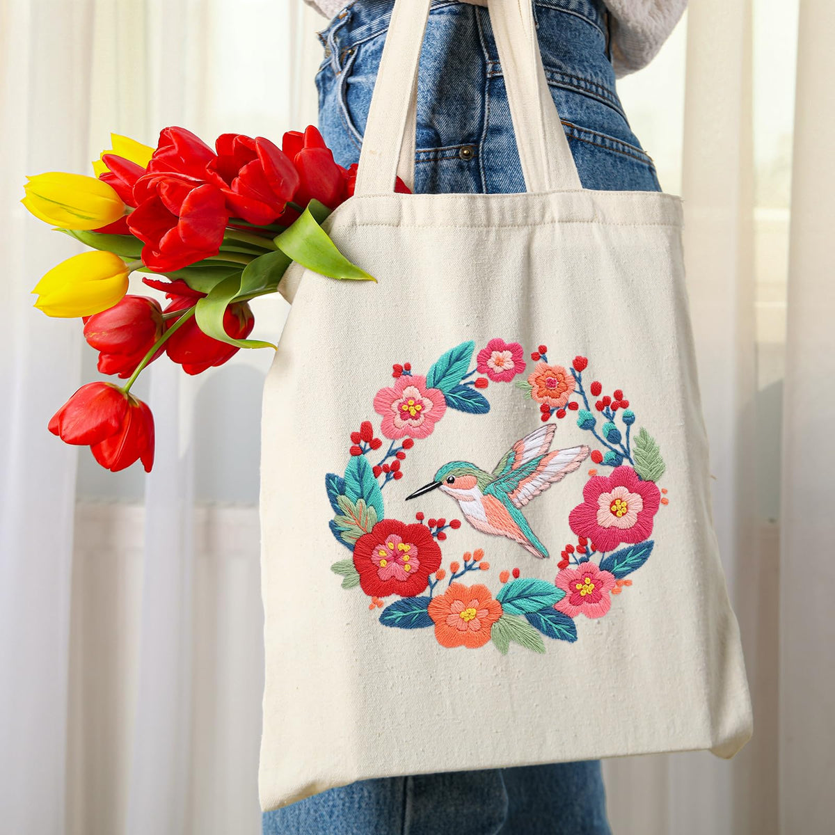 Louise Maelys Hummingbird Canvas Tote Bag Embroidery Kit for Beginners,Cross Stitch Kits for Adults, Arts Crafts Needlepoint Women Shopping Reusable Grocery Bags