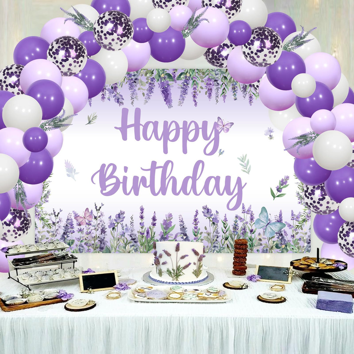 JOYMEMO Lavender Birthday Balloons Arch Kit, Purple Lavender Floral Butterfly Happy Birthday Backdrop Banner Artificial Flowers Decorations for Girls Women Bday Party Decor Supplies