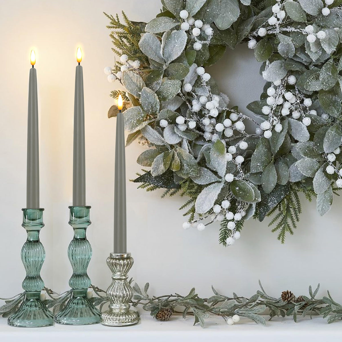 CVHOMEDECO. Flameless Taper Candles with 10-Key Remote, Battery Operated Led Flickering 3D Wick Window Candles Real Wax Finished Home Christmas Party Decor 0.78 x 11 Inch, Pack of 3, Grey