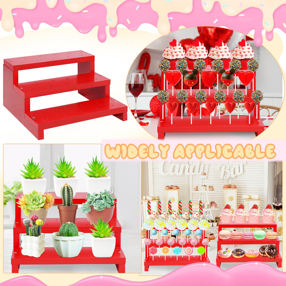KHayRovies 2 Pcs Cake Pop Stand, 3 Tier Wood Cake Pop Holder Display Risers with Twist Ties Lollipop Sticks, 33 Hole Lollipop Holder for Dessert Table of Wedding Birthday Party (Red-2P)