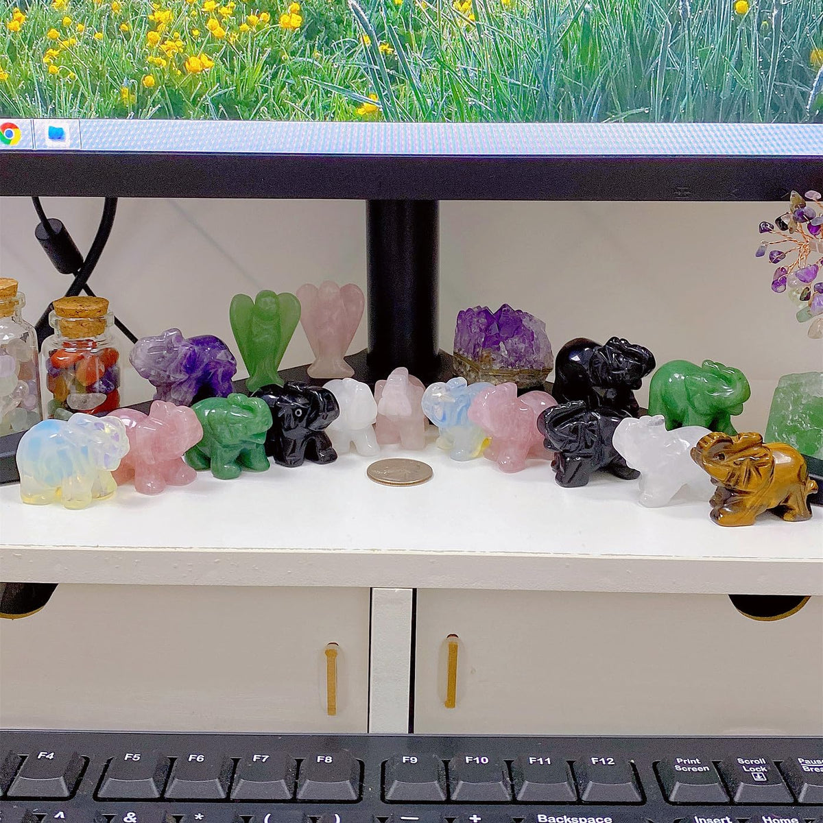 QINJIEJIE 3PCS Elephant Decor Amethyst Statue Crystals Rose Quartz Green Aventurine Cute Desk Stones Statue Gemstones Decoration Room Office Decor Pocket Spiritual Gem Gift for Women 1.5