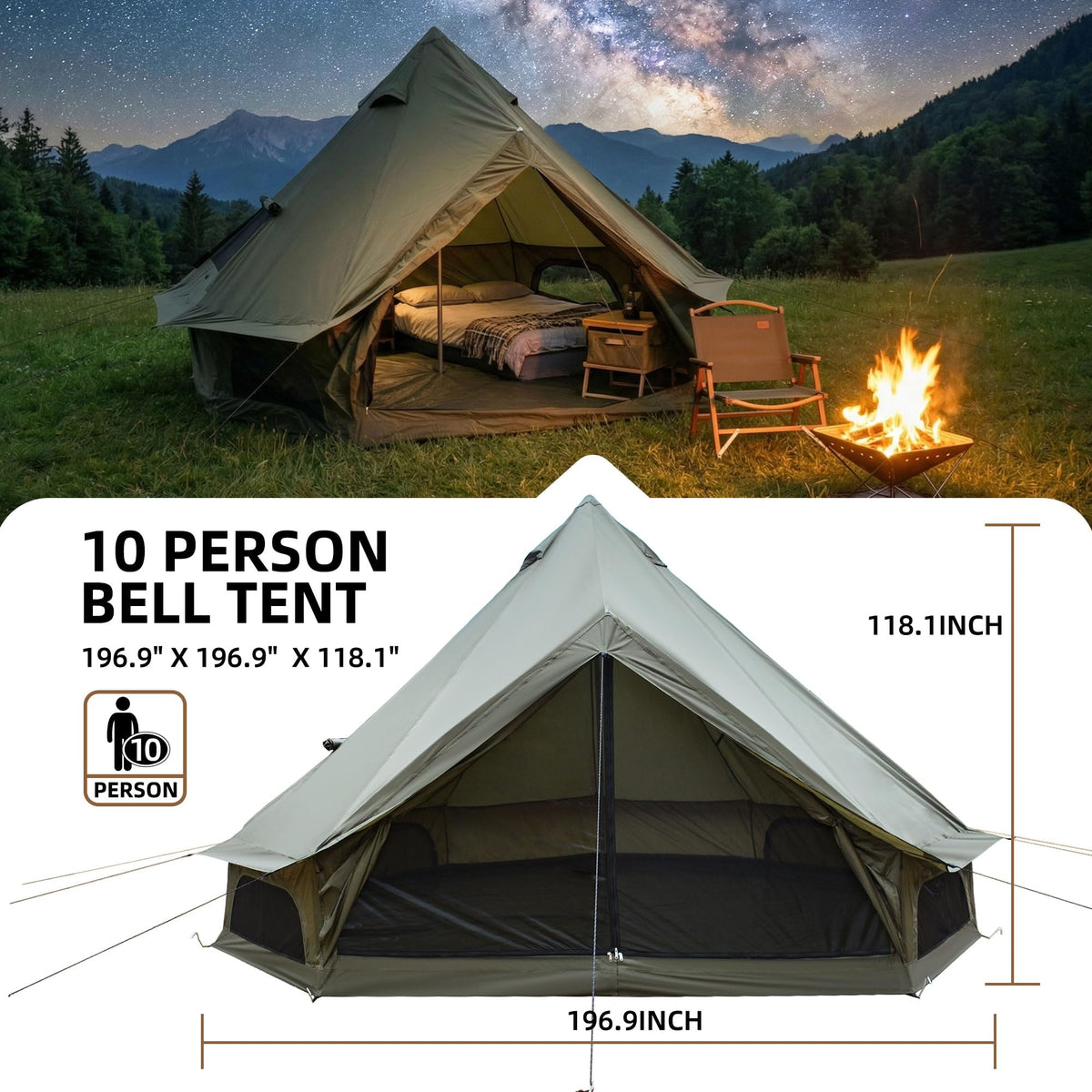KEIKI 4 Season Canvas Bell Tent 16.4 FT Waterproof All Weather Glamping Yurt Tent, Luxury Hot Tent Stove Jack, Breathable Spacious Family Camping Teepee for 8 People Outdoor Hunting Party Event Green