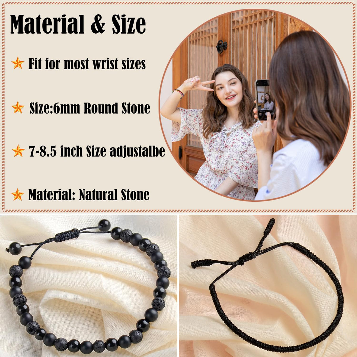 LPBeads 6mm Onyx Lava Obsidian Mixed stone Bracelet with Handmade Rope Bracelet Size Adjustable Natural Stone Crystal Healing Bracelets Gifts for Unisex Adults
