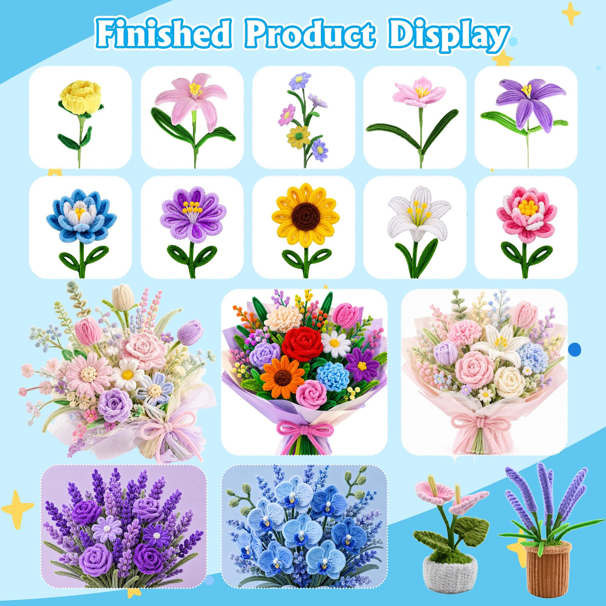 POMBUDS 572 PCS Pipe Cleaners Flower Kit, 13 Colors Chenille Stems with Floral Wires, Stamen, Tapes, Dot Glue, Instruction & White Box – DIY Craft Set for Handmade Bouquets