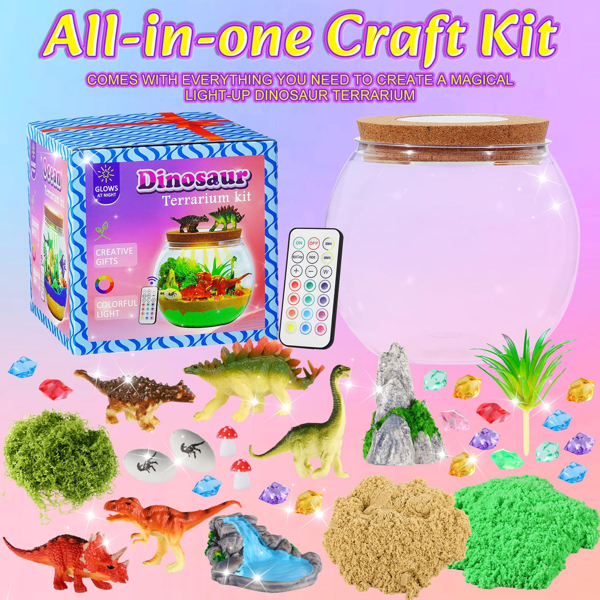 Hannstar Dinosaur Toys-Light Up Terrarium Kit for Kids, Night-Light DIY Dino Toys for Boys Ages 4 5 6 7 8-12, Birthday Easter Gifts for Boys, Arts and Crafts Kit for Kids