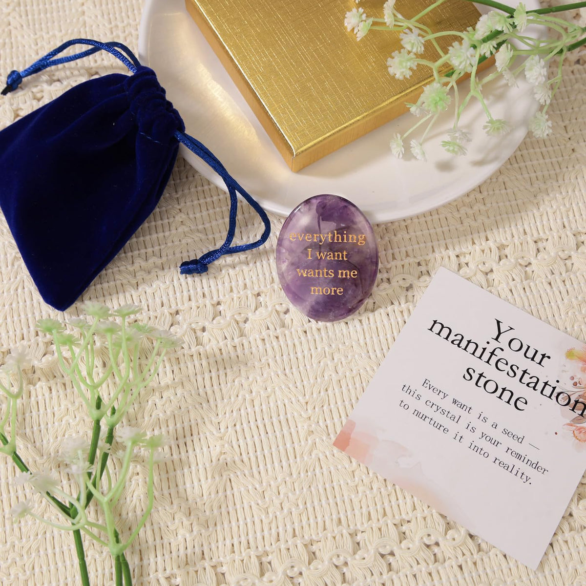 DUQGUHO Amethyst Crystal Encouragement Gifts for Women Everything I Want Wants Me More Inspirational Positive Anxiety Relief Items Pocket Hug Stones Emotional Calming Sobriety Gifts for Women Men